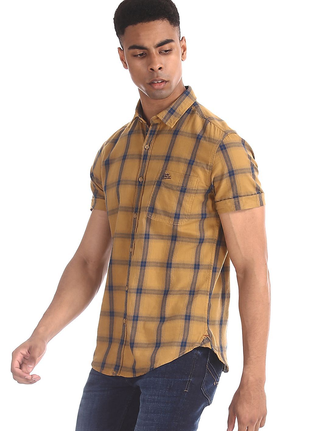 yellow check shirt men's