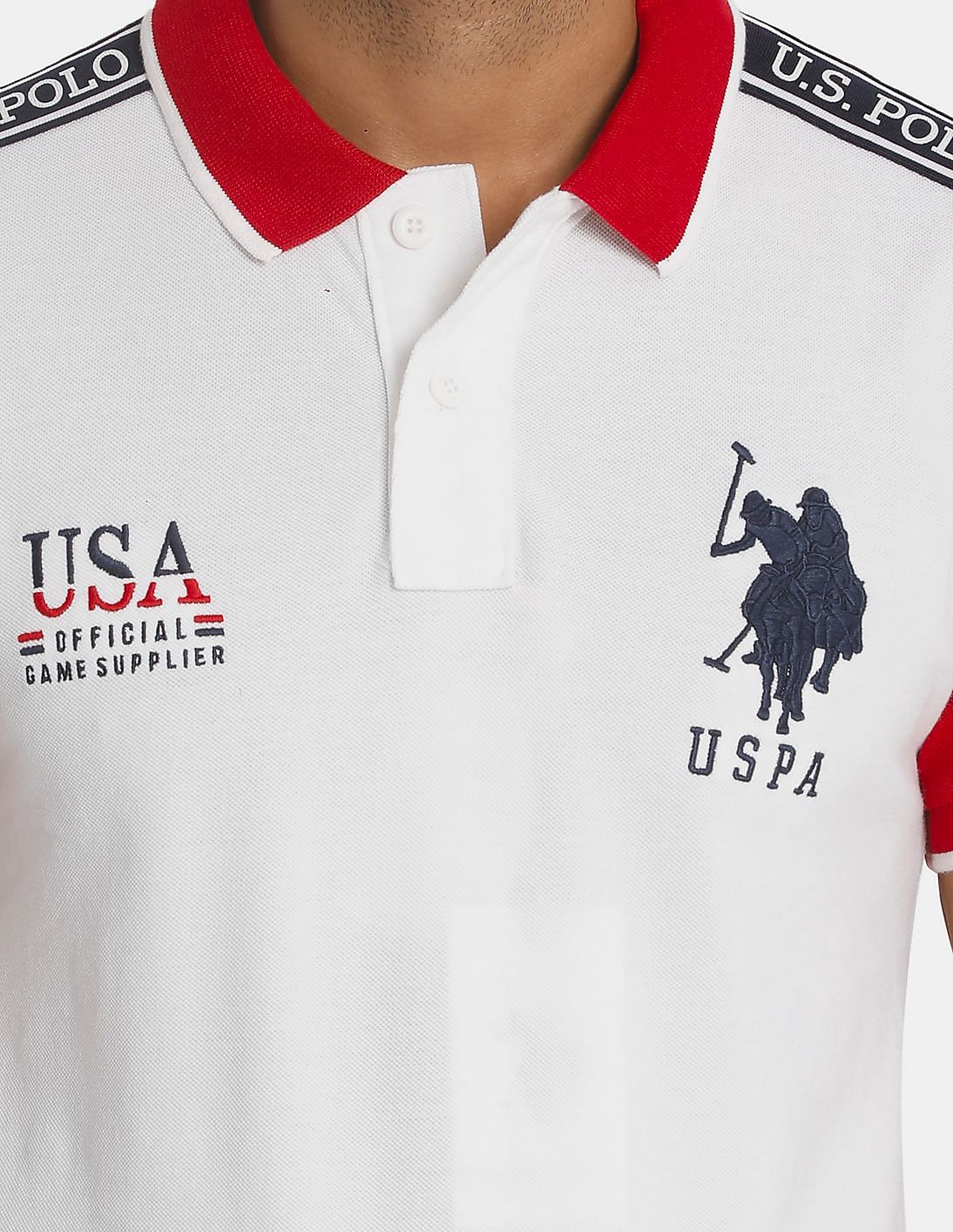 Buy U.S. Polo Assn. Men White And Red Colour Block Pique Polo 