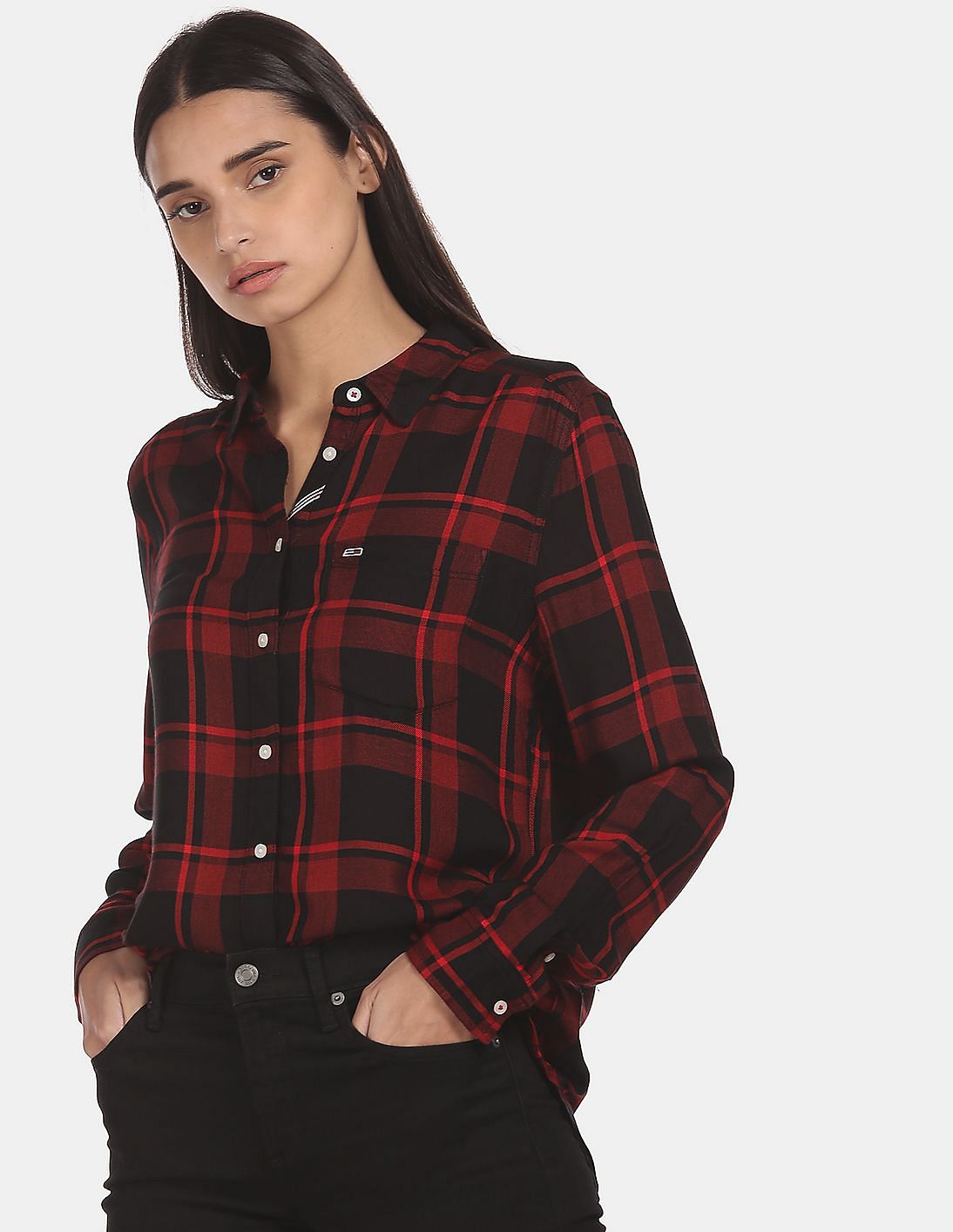 Buy Tommy Hilfiger Women Red High Low Hem Fluid Check Casual Shirt ...
