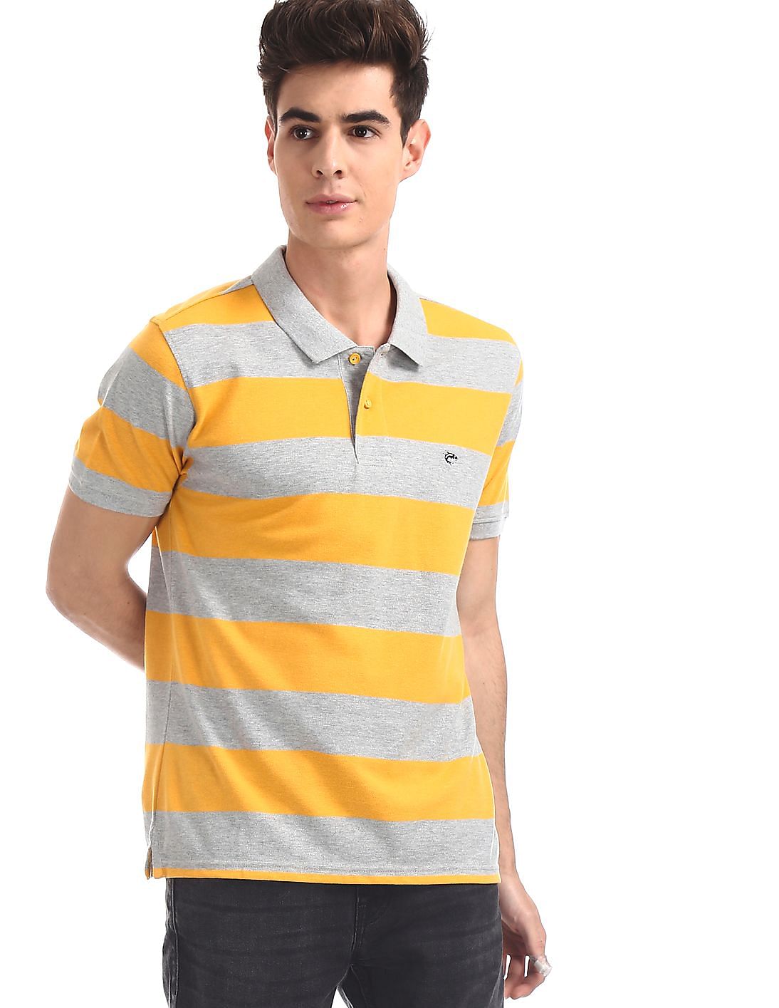 Buy Ruggers by Unlimited Yellow And Grey Heather Striped Polo Shirt