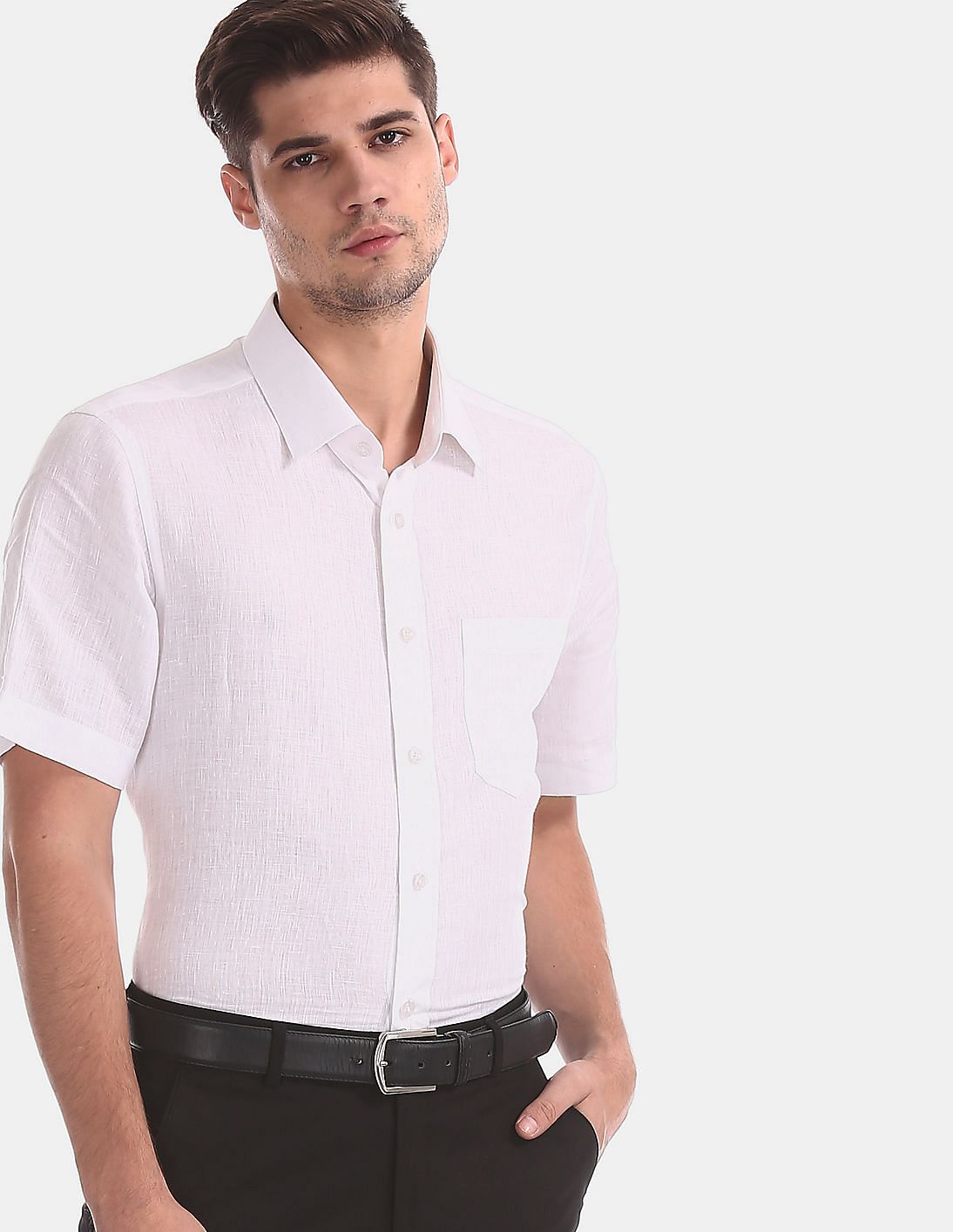 Buy AD by Arvind Men White Short Sleeve Solid Linen Formal Shirt ...