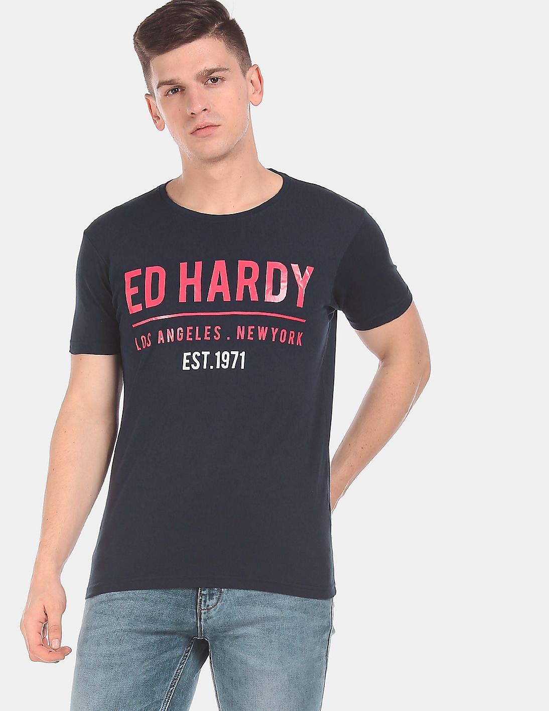Buy Ed Hardy Men Navy Crew Neck Brand Logo T-Shirt - NNNOW.com
