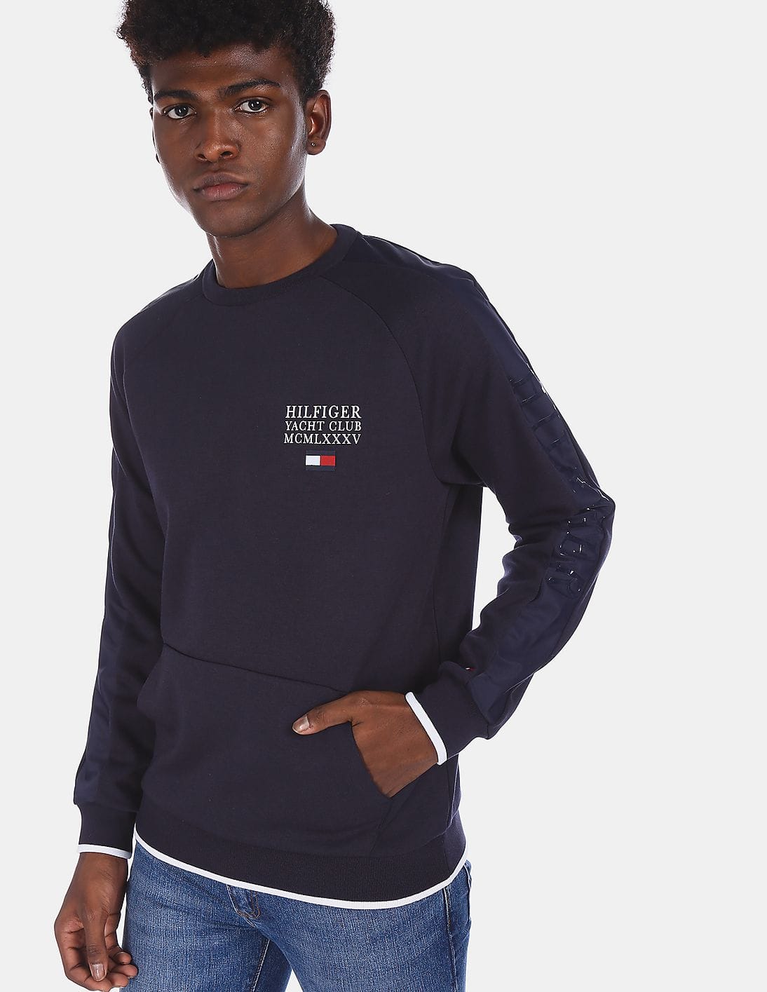 Buy Tommy Hilfiger Men Blue Ribbed Crew Neck Flex Paneled Regular