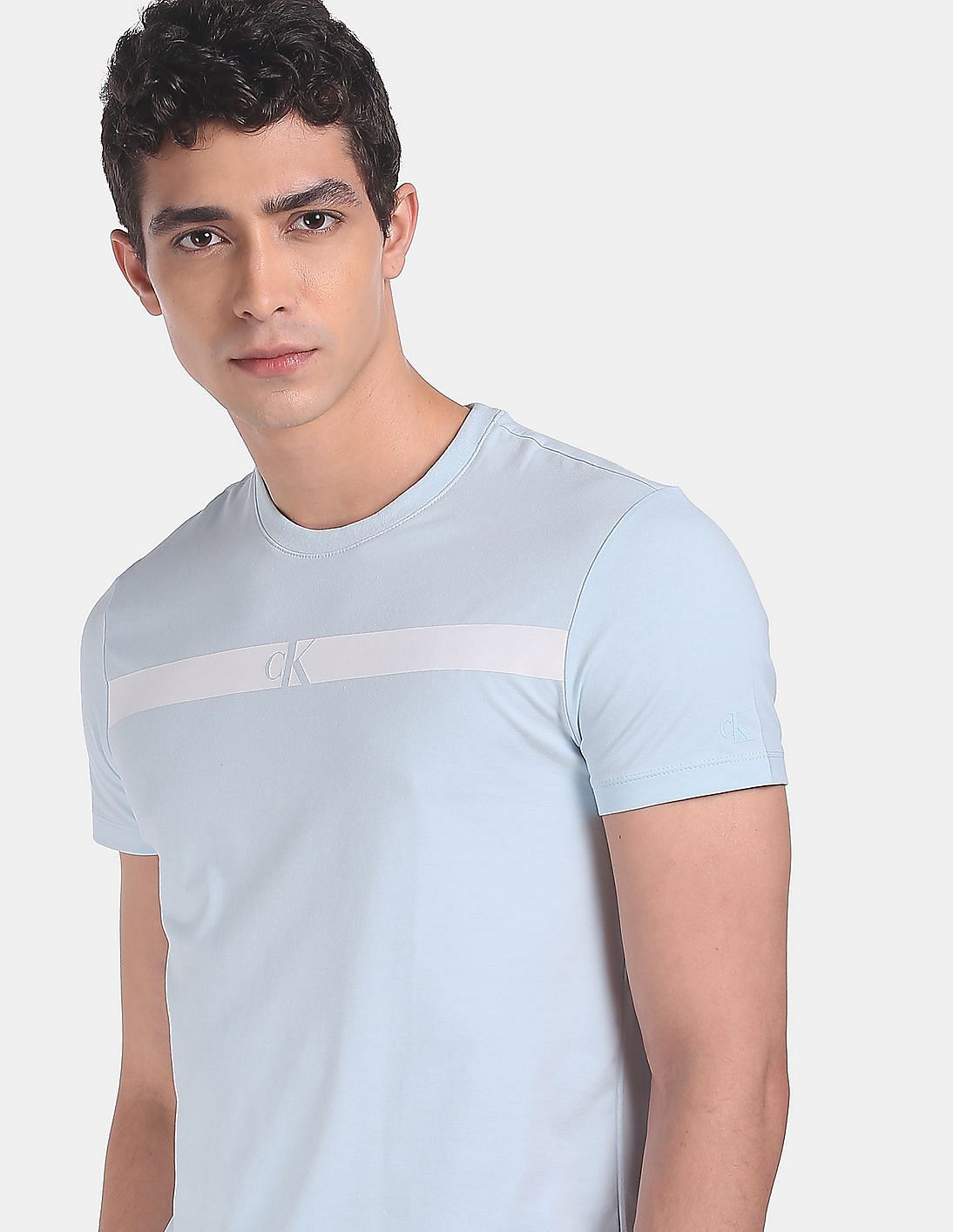 Buy Calvin Klein Men Light Blue Slim Fit Stack Logo Stripe T-Shirt ...