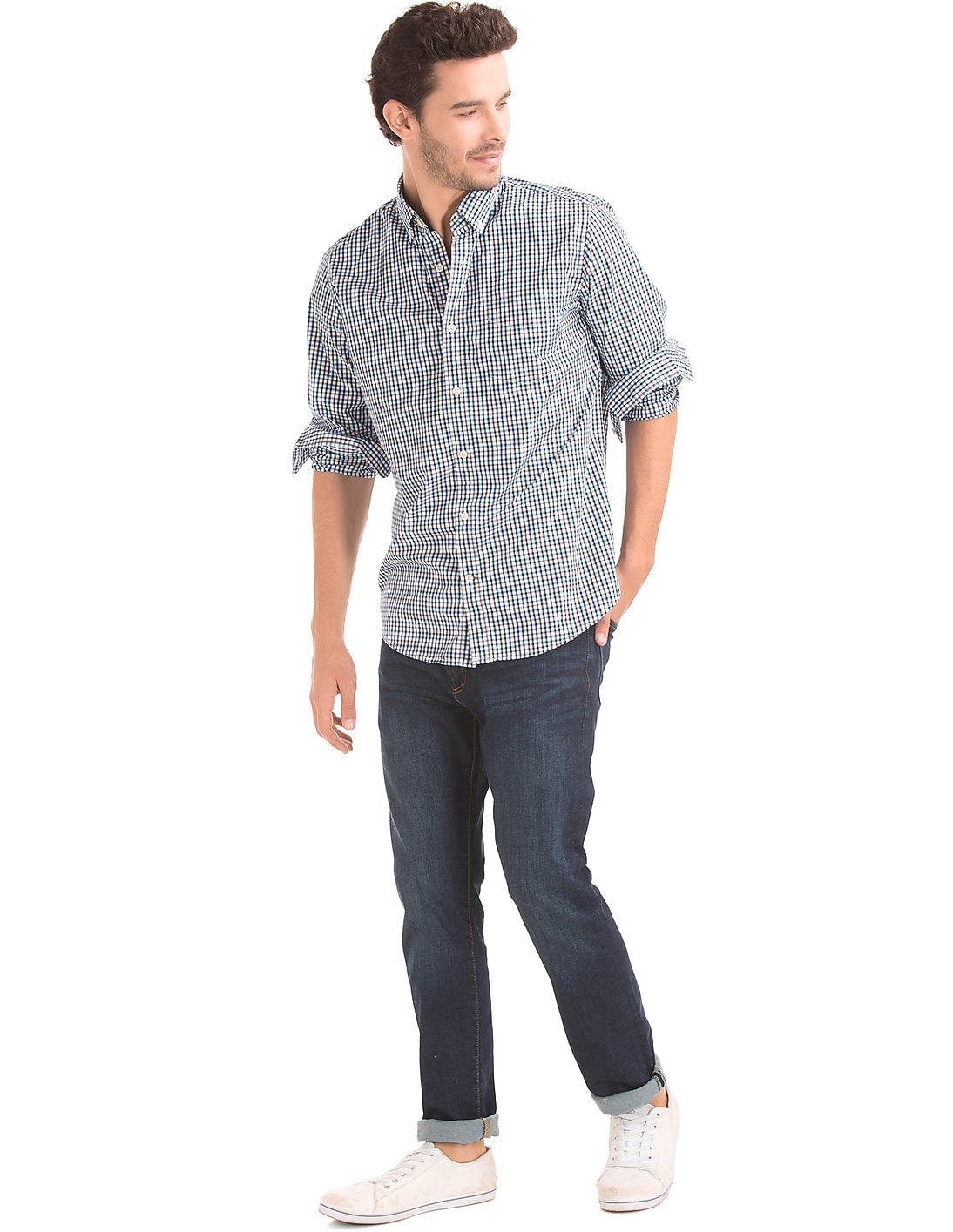 Buy GAP Men Men Blue True Wash Border Checkered Standard Fit