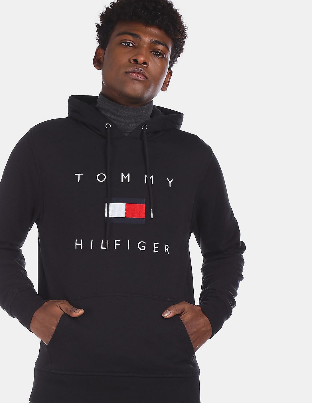 Buy Tommy Hilfiger Men Black Drawstring Hood Flag Branding Sweatshirt ...