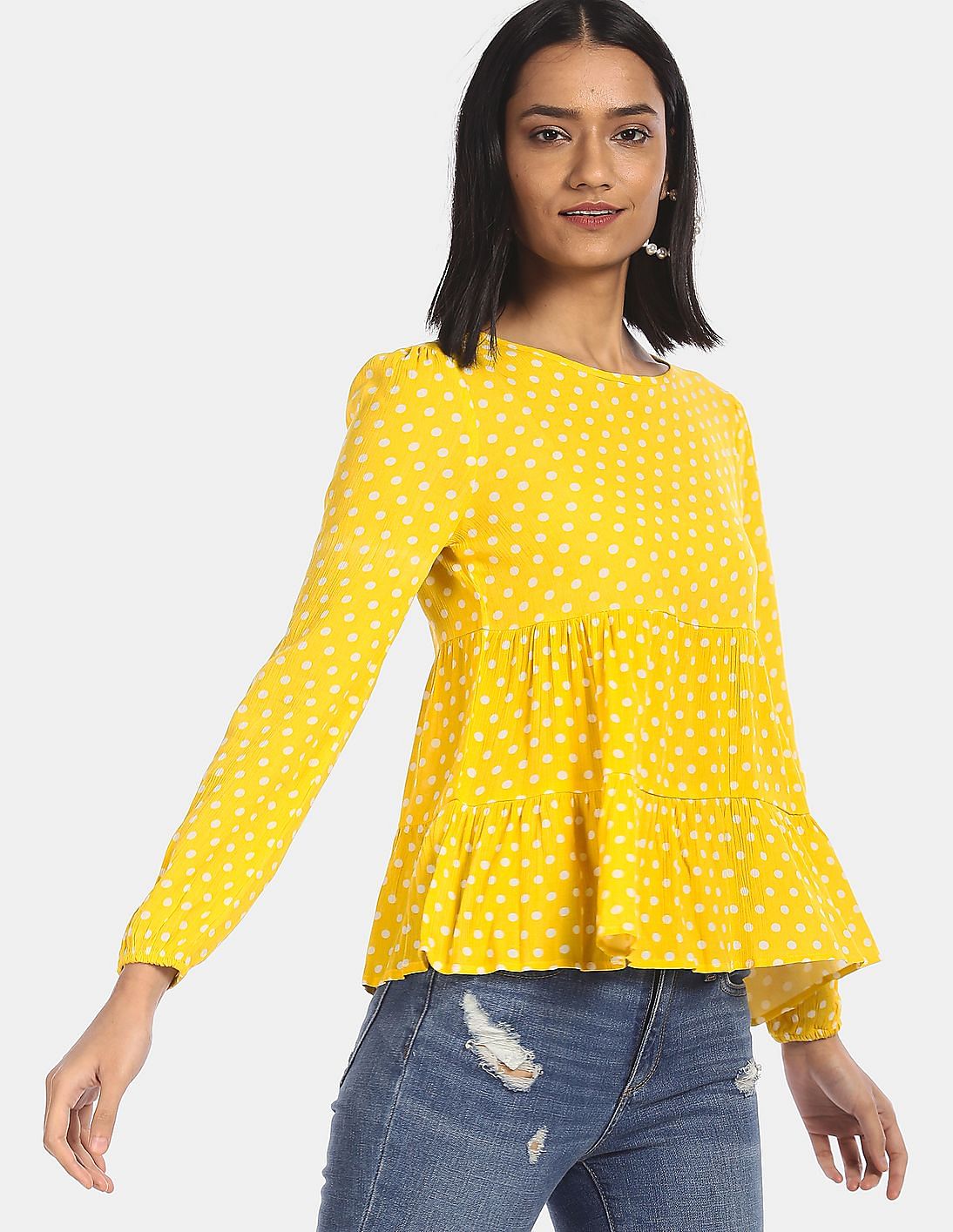Buy SUGR Women Yellow Long Sleeve Polka Dot Print Top - NNNOW.com