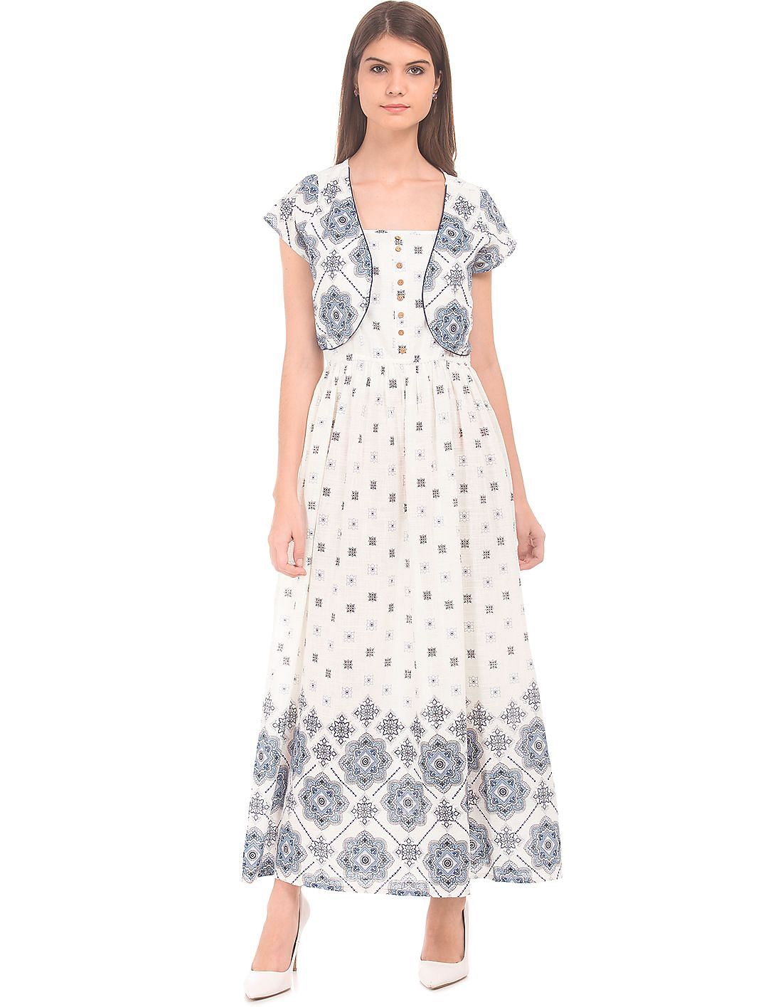 Buy Bronz Women Printed Maxi Dress With Shrug
