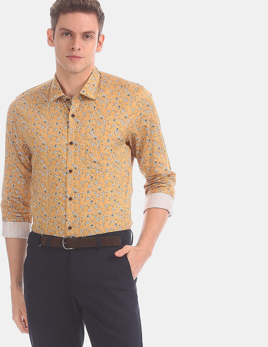 Buy Arvind Men Men Mustard Floral Print Cotton Casual Shirt - NNNOW.com