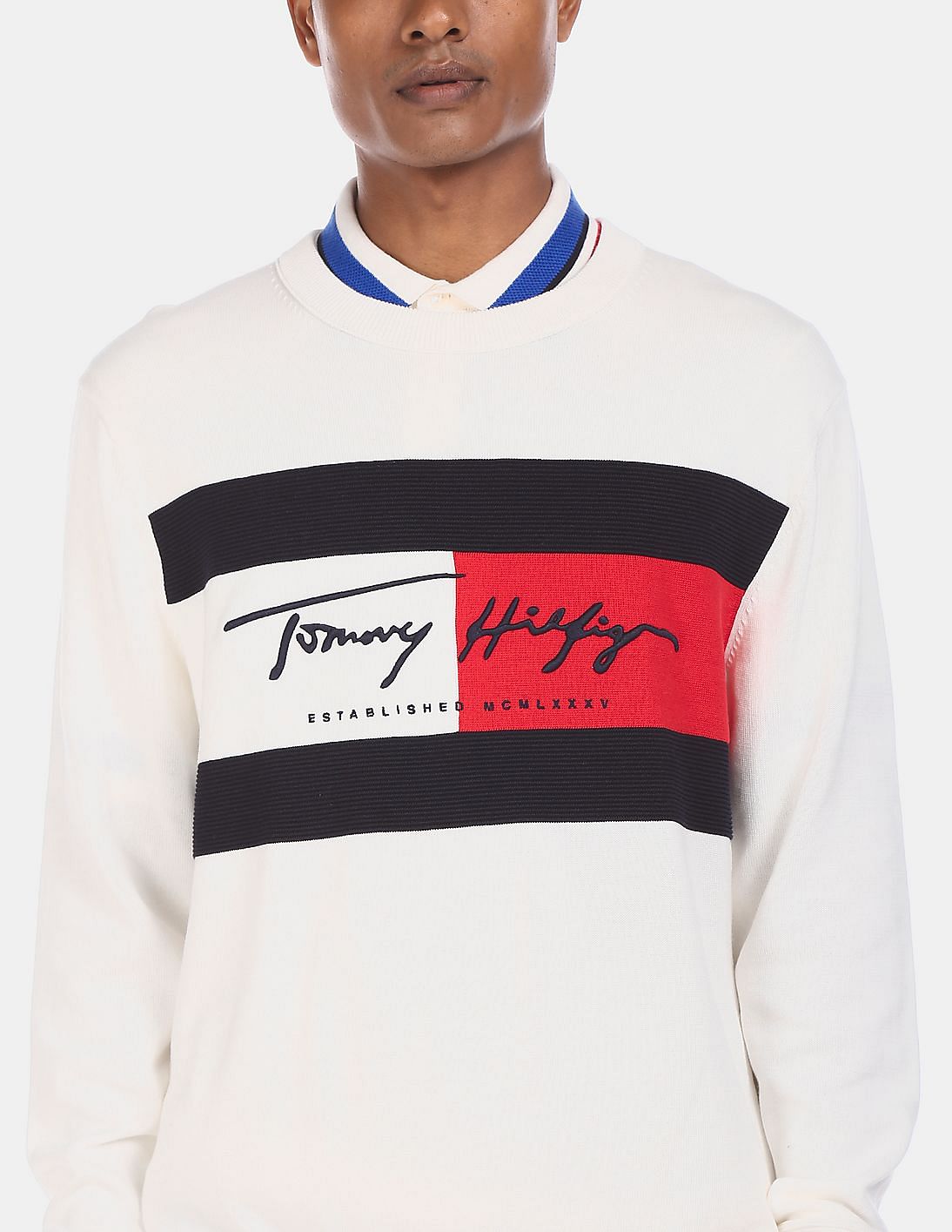 Buy Tommy Hilfiger Men Sweater White Crew Autograph Neck Flag