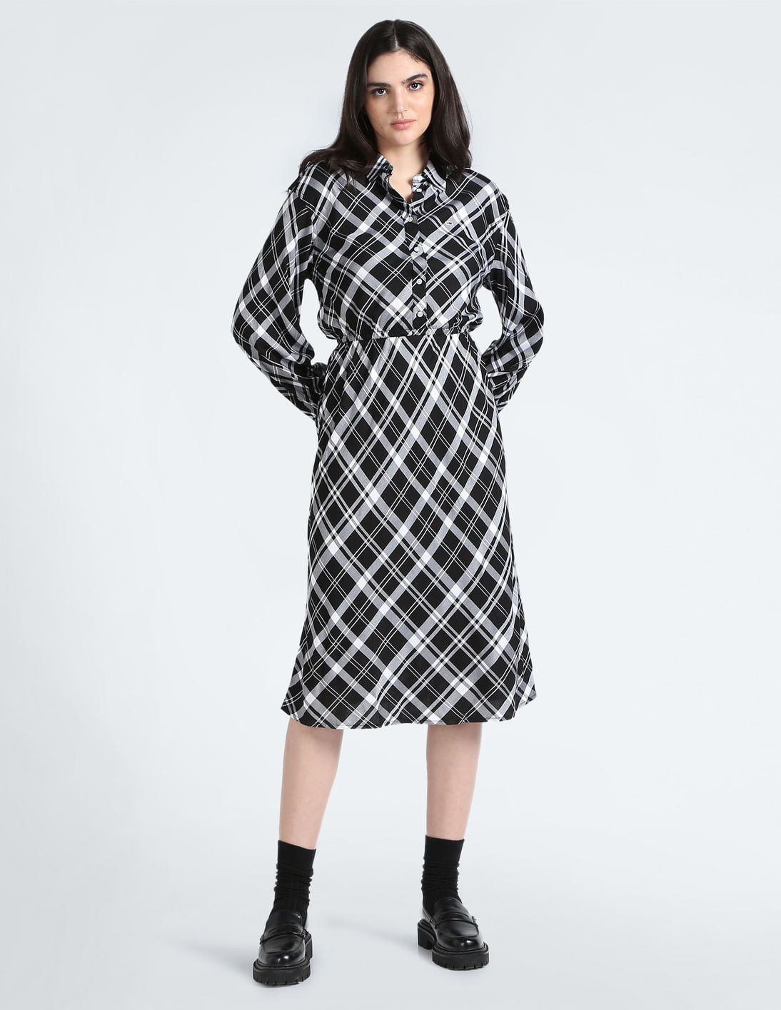 sheller flocky check long shirt dress 美品 sheller flocky check long shirt dress