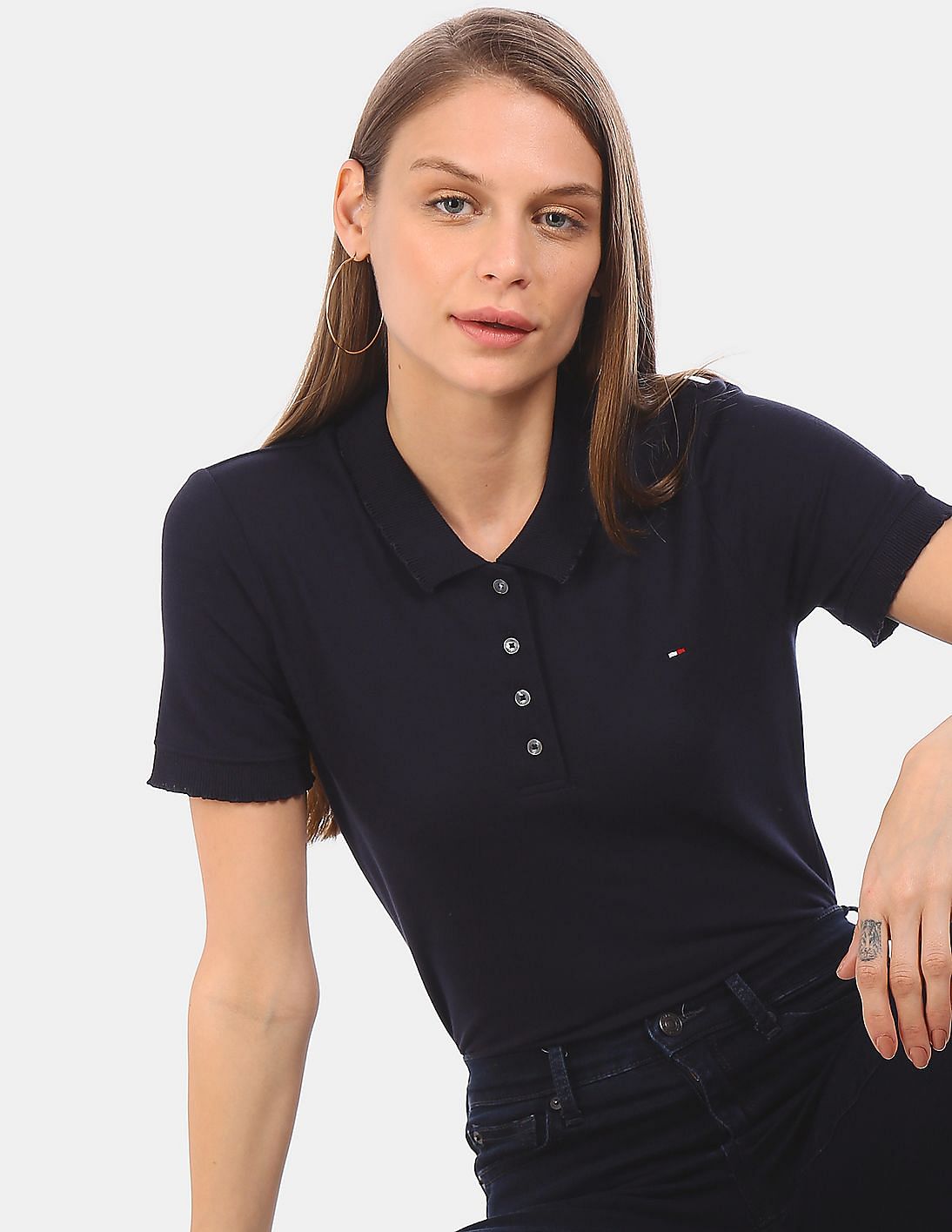 Buy Tommy Hilfiger Women Navy Short Sleeve Cerise Slim Polo Shirt ...