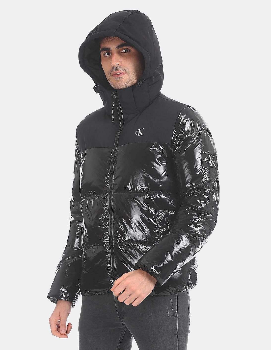 Calvin Klein High Shine Gloss Men’s Hooded Puffer Jacket Black Size XL Black