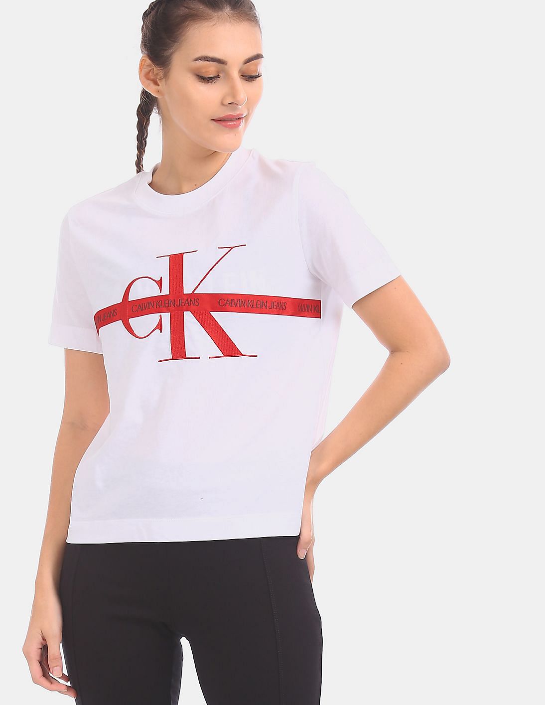Buy Calvin Klein Women White Crew Neck Taping Through Monogram T-Shirt