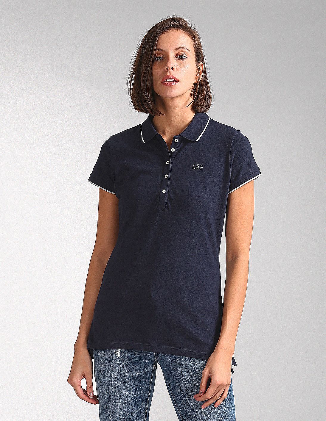 Buy GAP Women Blue Brand Embellished Pique Polo Shirt - NNNOW.com