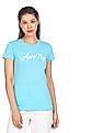 Aeropostale Women Aqua Cotton Brand Print T-Shirt