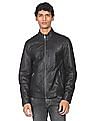 Calvin Klein Men Black Stand Neck Leather Biker Jacket