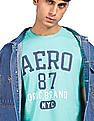 Aeropostale Men Turquoise Ribbed Crew Neck Cotton Brand Print T-Shirt