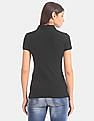 Aeropostale Women Black Short Sleeve Solid Cotton Stretch Polo Shirt