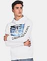 Calvin Klein Men White Wave Photoprint Logo Print Hood Sweatshirt