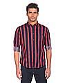 Aeropostale Men Dark Blue And Coral Spread Collar Striped Casual Shirt